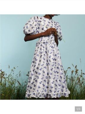 Sister Jane Women's Puff-Sleeve Floral Midi Dress - White with Blue Print
